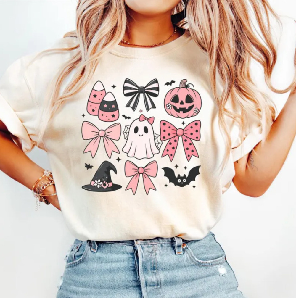 Coquette Halloween Comfort Colors Shirt, Pink Bow Ghost, Pumpkins Halloween Tee